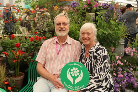 IMG 2203 Sue And Jeremy Heffer On The Infamout Green Bence At RHS Chelsea 2025 Sue Holds The NPC Geum Coccineum And Rivale Cultivars